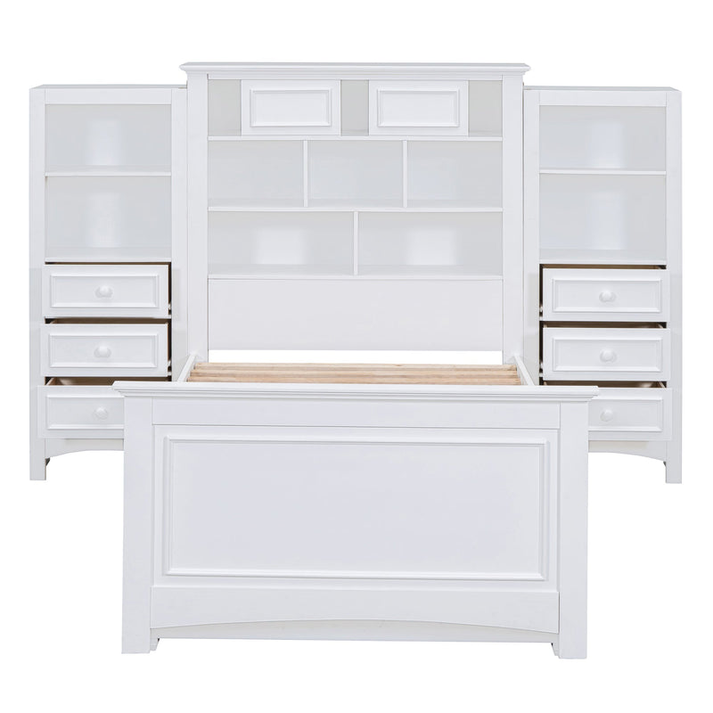 Twin Size Wood Platformbed with Vertical All-in-One Cabinet and 4 Drawers on each side, White