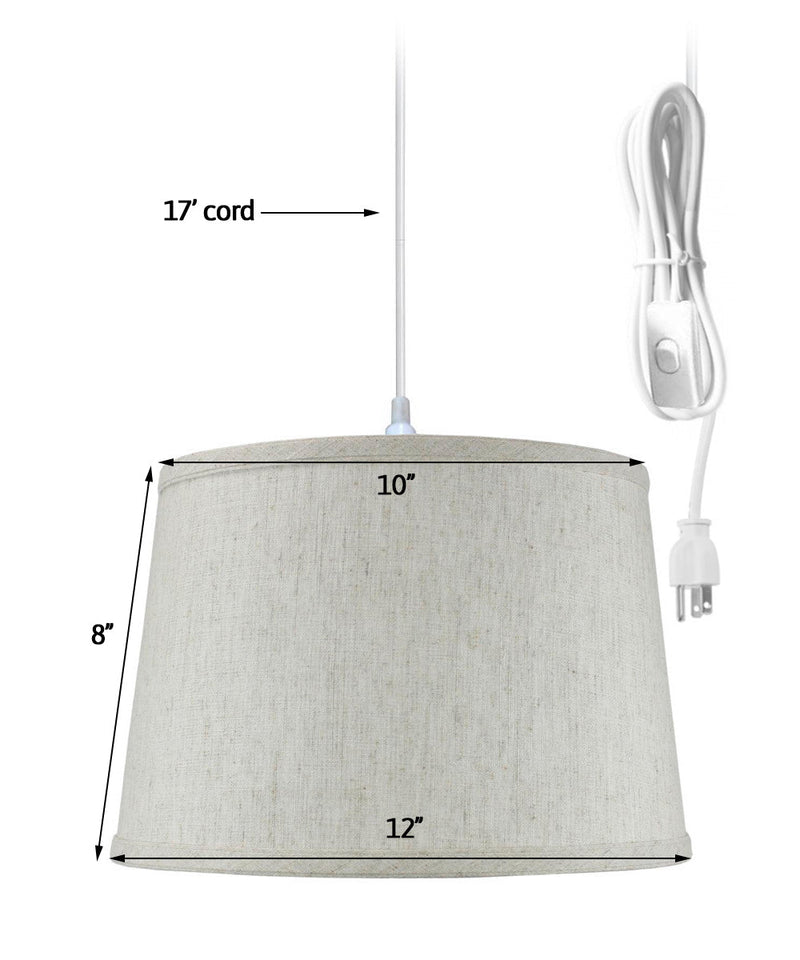 12"W 1 Light Swag Plug-In Pendant  Shallow Drum Textured Oatmeal Shade White Cord