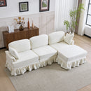 L-Shaped Sectional Sofa With Removable Ruffled Skirt, Flared Arms, Ottoman - White by HouseOfZazla