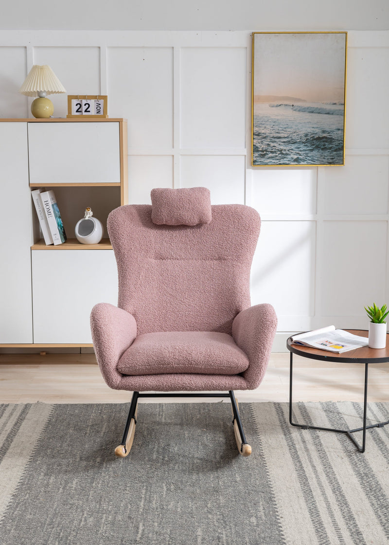 35.5 inch Rocking Chair, Soft Teddy Velvet Fabric Rocking Chair for Nursery, Comfy Wingback Glider Rocker with Safe Solid Wood Base for Living Room Bedroom Balcony (pink)