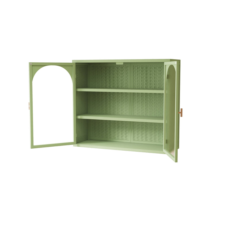 27.56"Glass Doors Modern Two-door Wall Cabinet with Featuring Three-tier Storage for Entryway Living Room Bathroom Dining Room,Wall Cabinet with Characteristic Woven Pattern,Green