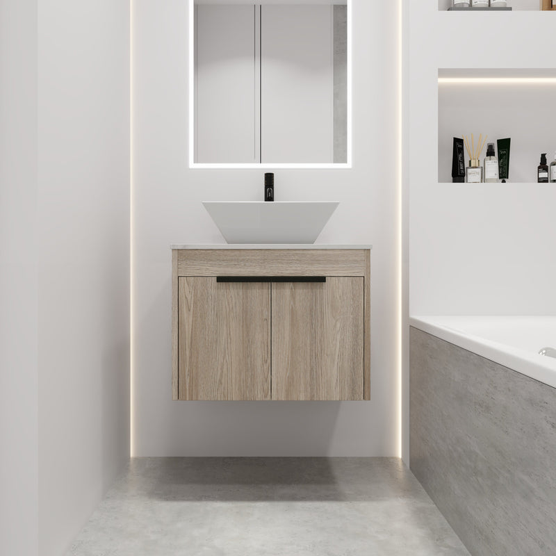 24" Modern Design Float Bathroom Vanity With Ceramic Basin Set, Wall Mounted White Oak Vanity With Soft Close Door, KD-PackingD-Packing Pieces