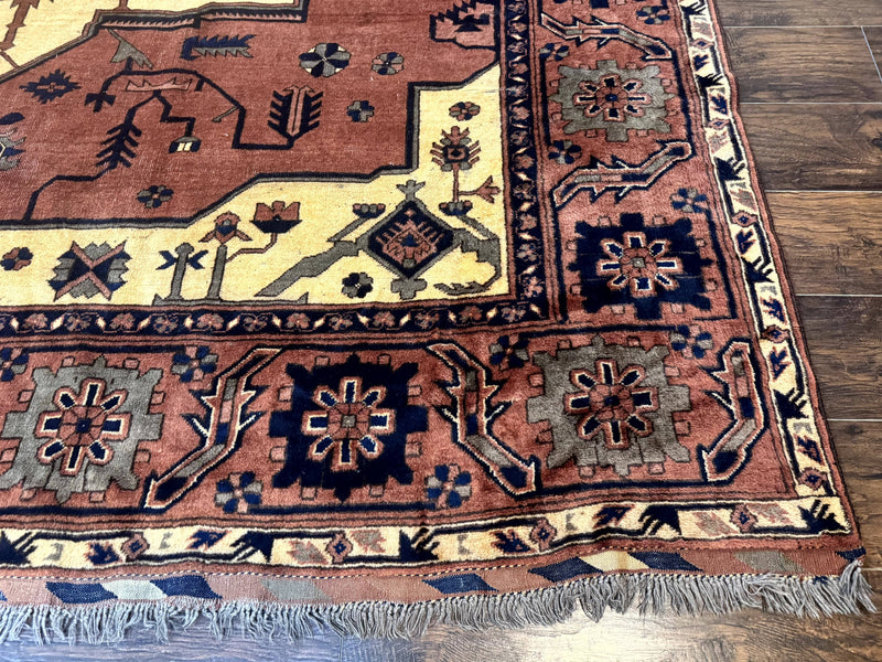 Afghan Heriz Rug 9x12, Tribal Geometric Serapi Carpet, Rust Cream and Navy, Wool on Wool