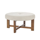 Beige Fabric Round Ottoman with Solid Wood Cross Base