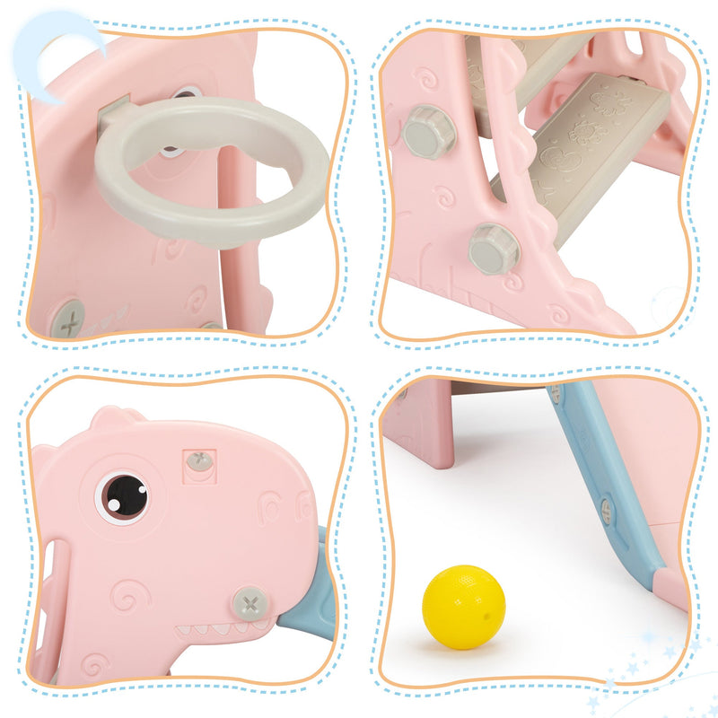 3 in 1 Freestanding Toddler Slide, Indoor Outdoor Playground with Basketball Hoop and Ball for Kids Under 3 Years, Pink