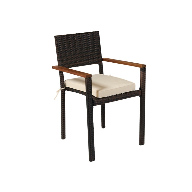 7 piece Outdoor Patio Wicker Dining Set Patio Wicker Furniture Dining Set w/Acacia Wood Top Brown Wicker + Cream Cushion