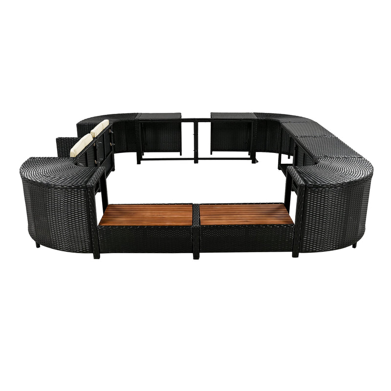 Walker Edison - Spa Surround Spa Frame Quadrilateral Outdoor Rattan Sectional Sofa Set with Mini Sofa,Wooden Seats and Storage Spaces, Beige