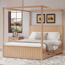 Queen Size Canopy Platform Bed With Trundle And 3 Storage Drawers, 4 Post, No Box Spring Needed - Natural by HouseOfZazla