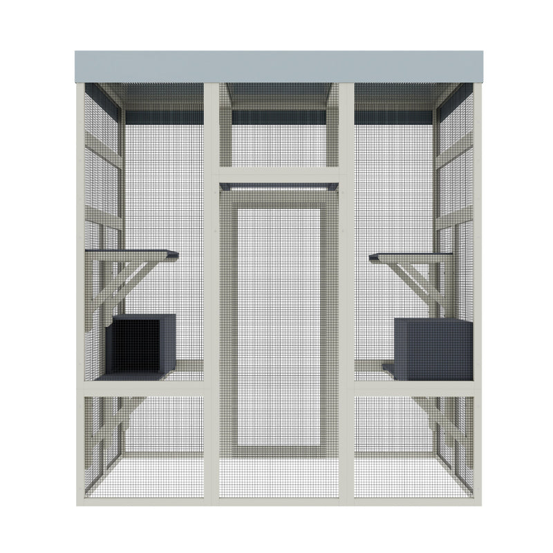 62.6' Gray Wooden Catio Outdoor Pet Enclosure with Waterproof Top, Spacious and Secure Cat House & Small Animal Cage, Black Rust-proof Metal Wire