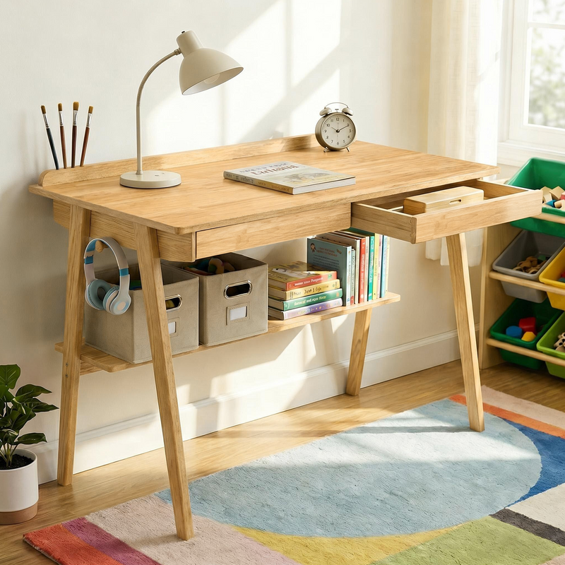 Solid Wood Writing Desk with 2 Drawers & Storage Shelf, photo 4 of 10