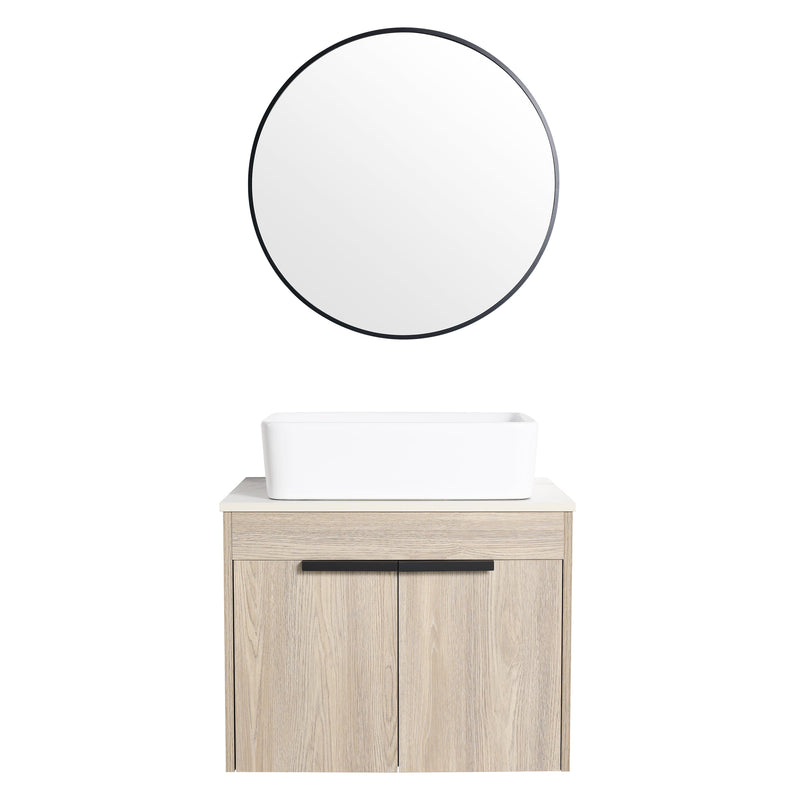 24" Modern Design Float Bathroom Vanity With Ceramic Basin Set, Wall Mounted White Oak Vanity With Soft Close Door, KD-PackingD-Packing Pieces