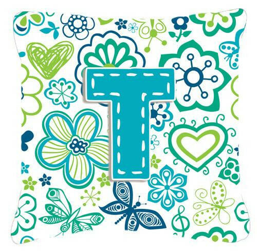 Letter T Flowers and Butterflies Teal Blue Canvas Fabric Decorative Pillow CJ2006-TPW1414