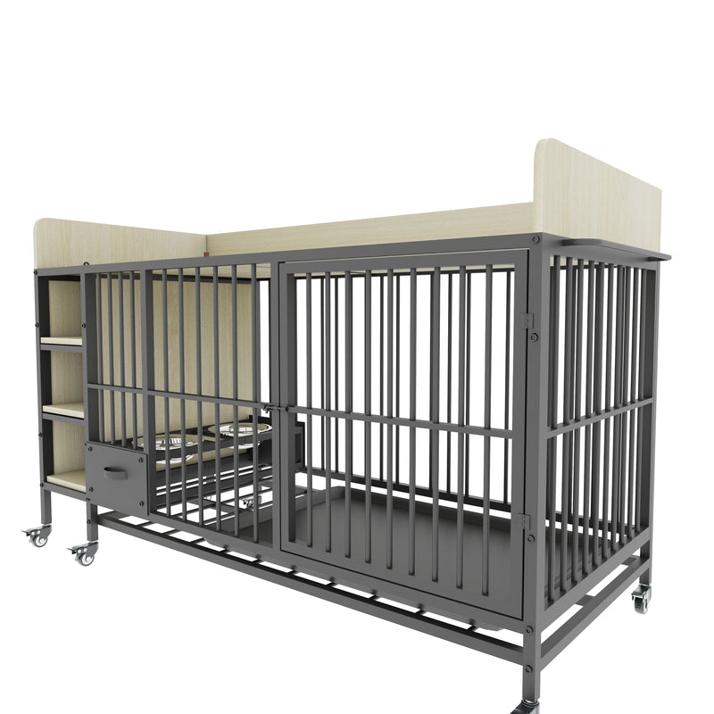 Large pet cage with storage rack, drawers with stainless steel food and water basin, made of iron frame and MDF material, sturdy, exquisite, and practical (black+beige)