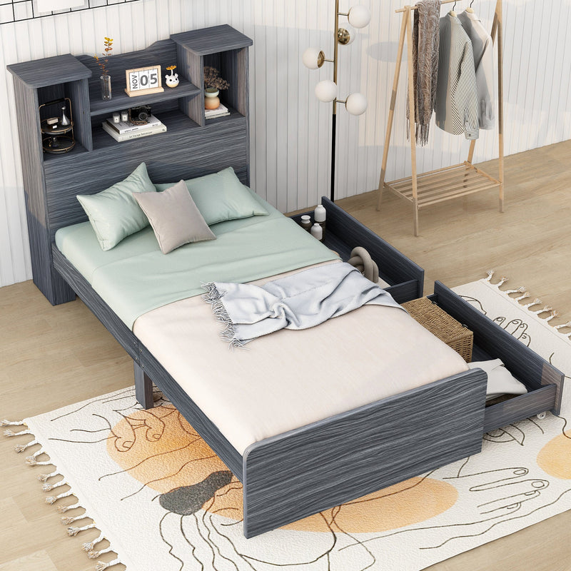 Walker Edison | Twin Size Storage Platform Bed Frame with 4 Open Storage Shelves and 2 Storage Drawers, LED Light, Gray