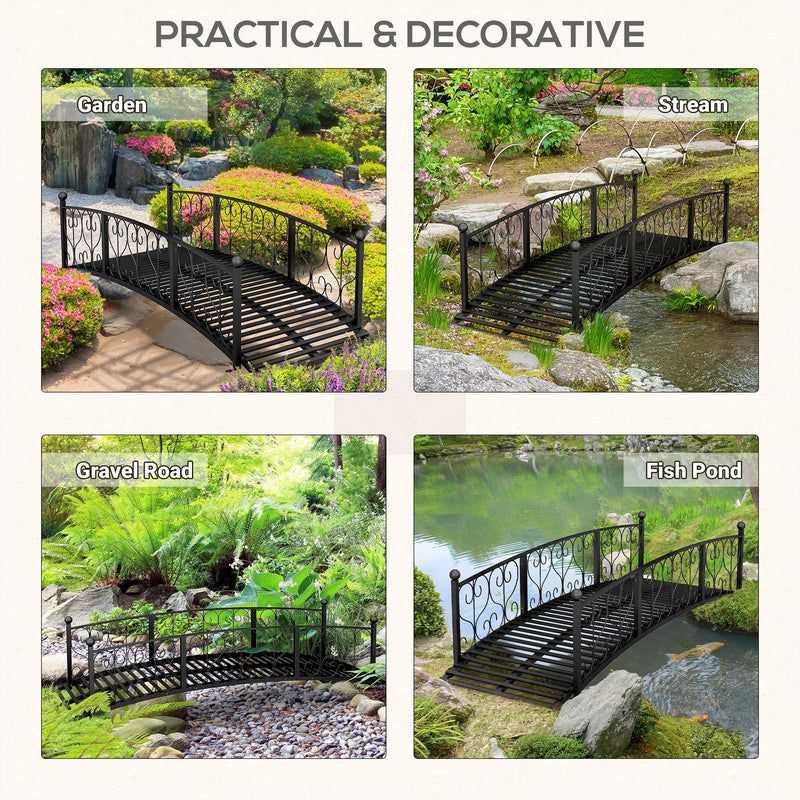 7' Metal Arch Garden Bridge with Safety Siderails, Decorative Arc Footbridge with Delicate Scrollwork "S" Motifs for Backyard Creek, Stream, Fish Pond, Black