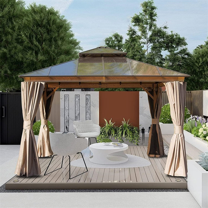12'x12' Hardtop Gazebo, Permanent Outdoor Gazebo with Polycarbonate Double Roof, Aluminum Gazebo Pavilion with Curtain and Net for Garden, Patio, Lawns, Deck, Backyard(Wood-Looking)