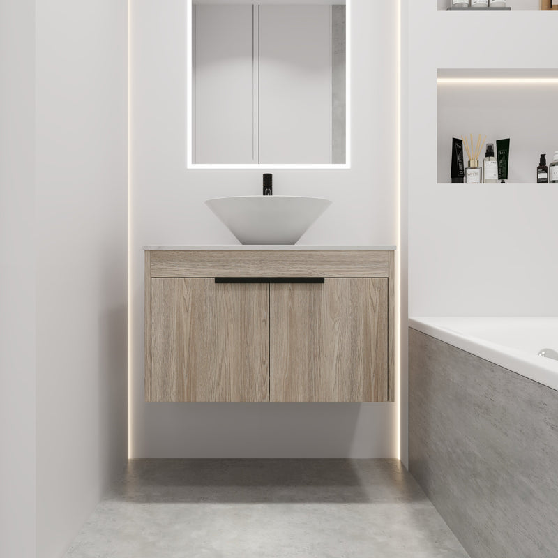 30" Modern Design Float Bathroom Vanity With Ceramic Basin Set, Wall Mounted White Oak Vanity With Soft Close Door, KD-PackingD-Packing Pieces