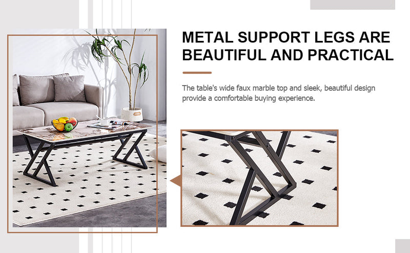 A modern minimalist style marble patterned coffee table with black metal legs. Computer desk. Game table. Tea table. CT-XX