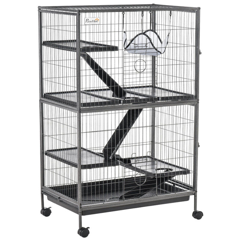50" H 5-Tier Small Animal Cage, Ferret Cage, Large Chinchilla Cage with Hammock Accessory Heavy-Duty Steel Wire, Small Animal Habitat with 4 Doors, Removable Tray, Silver