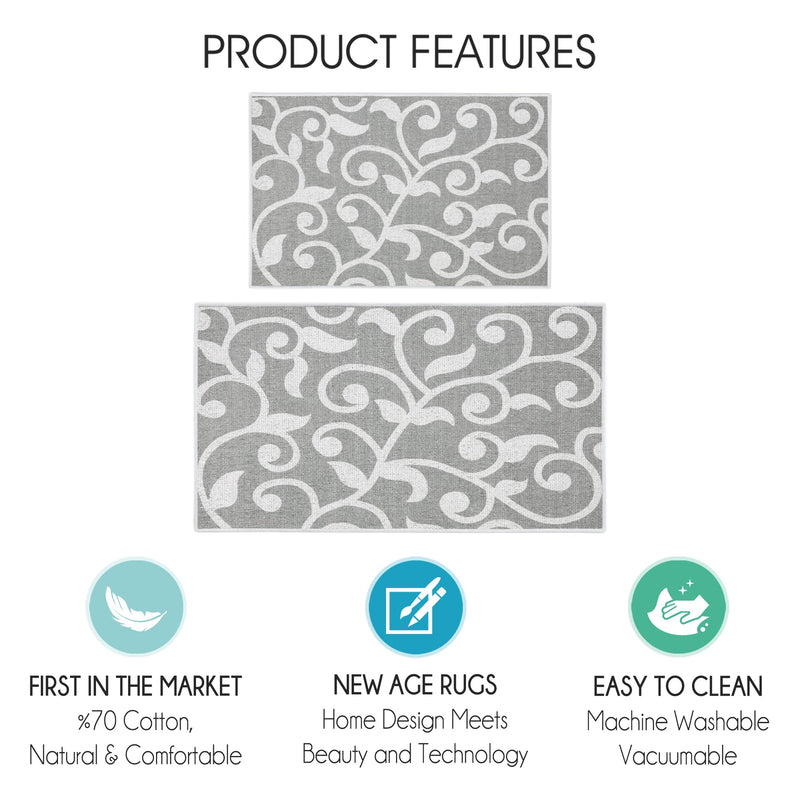 Floral Design Non Skid Washable Kitchen Runner Rugs Set of 2| 44 x 24 and 31.5 x 20 Inches Floor Mats |Gray