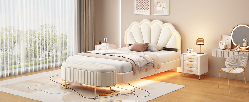 2-Pieces Bedroom Sets Full Size Upholstered LED Platform Bed with Storage Ottoman-Velvet, Beige