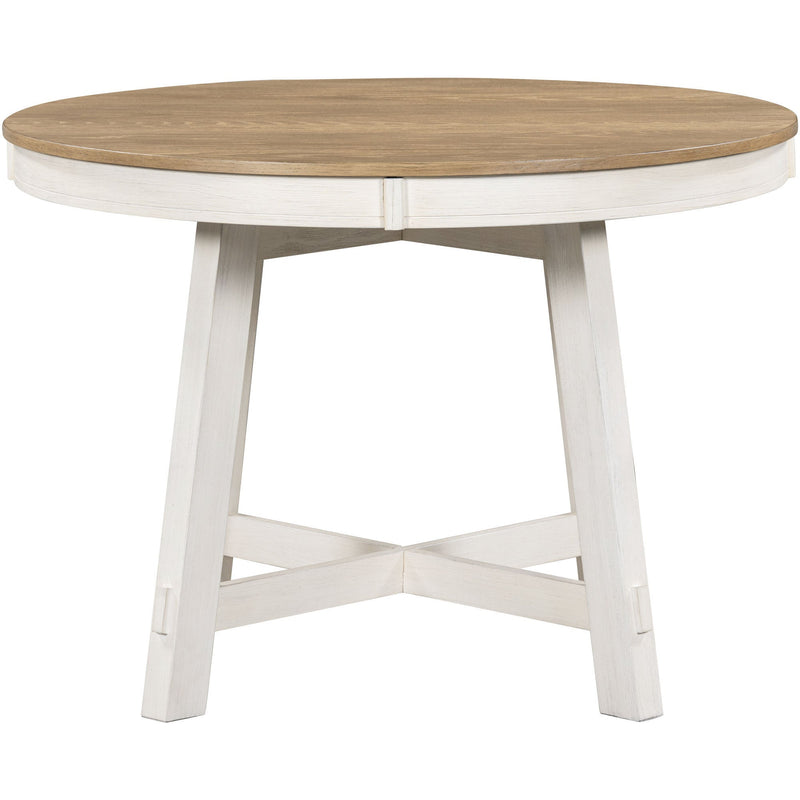 5-Piece Farmhouse Dining Table Set Wood Round Extendable Dining Table and 4 Upholstered Dining Chairs (Oak Natural Wood + Antique White)