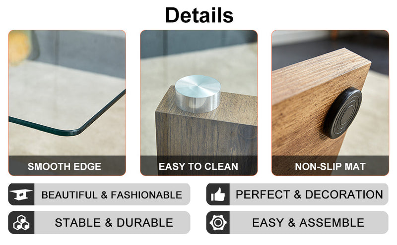 A rectangular modern and fashionable coffee table with tempered glass tabletop and wooden color MDF legs. Suitable for living room.47.2"x25.5"x18"