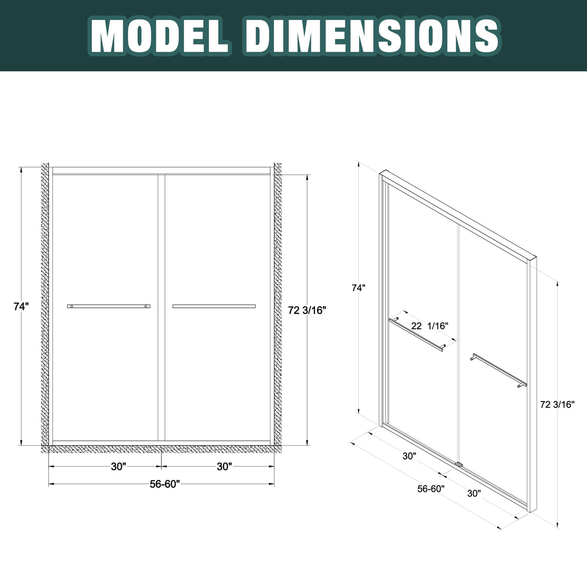 56-60"x74" Aluminum Frame Double Sliding Shower Door, photo 10 of 10