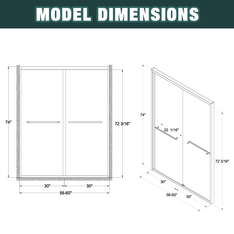56-60"x74" Aluminum Frame Double Sliding Shower Door, photo 10 of 10
