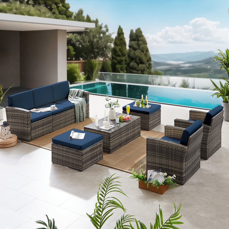 6 Pieces Wicker Patio Furniture Sets Outdoor Conversation Set PE Rattan Sectional Sofa Couch with Storage Table and Navy Blue Anti-Slip Cushions and Waterproof Covers