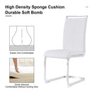 A simple dining table. A dining table with a white marble pattern. 4 PU synthetic leather high backrest cushioned side chairs with C-shaped silver metal legs. DT-SQ-16090-wh