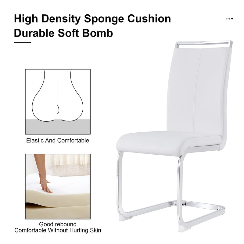 A simple dining table. A dining table with a white marble pattern. 4 PU synthetic leather high backrest cushioned side chairs with C-shaped silver metal legs. DT-SQ-16090-wh