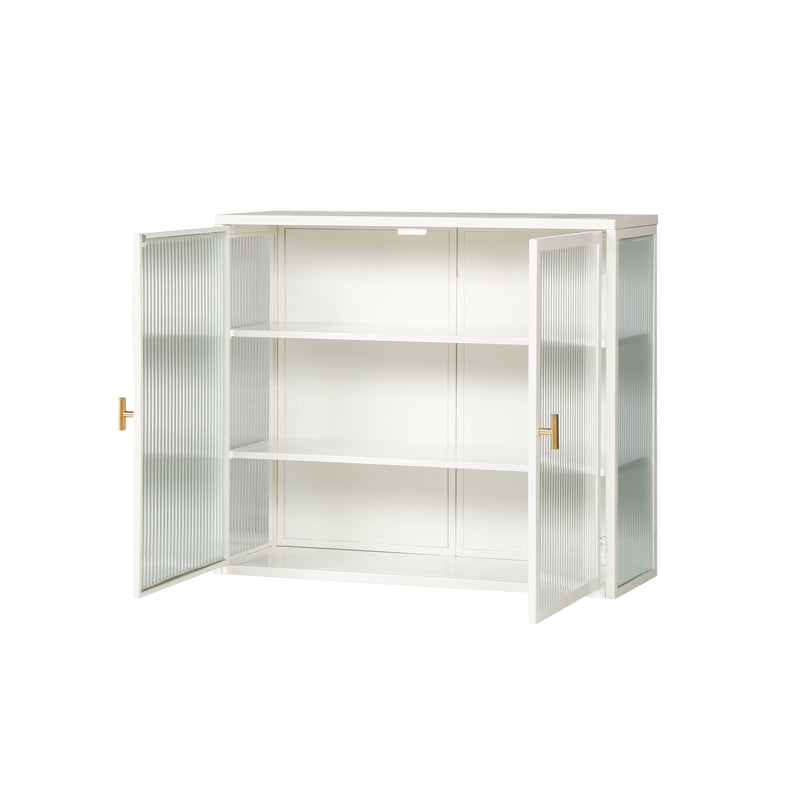 27.56"Glass Doors Modern Two-door Wall Cabinet with Featuring Three-tier Storage for Entryway Living Room Bathroom Dining Room,White