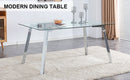 A modern minimalist rectangular glass dining table with tempered glass tabletop and silver metal legs, suitable for kitchens, restaurants, and living rooms,63"x35.4"x30"