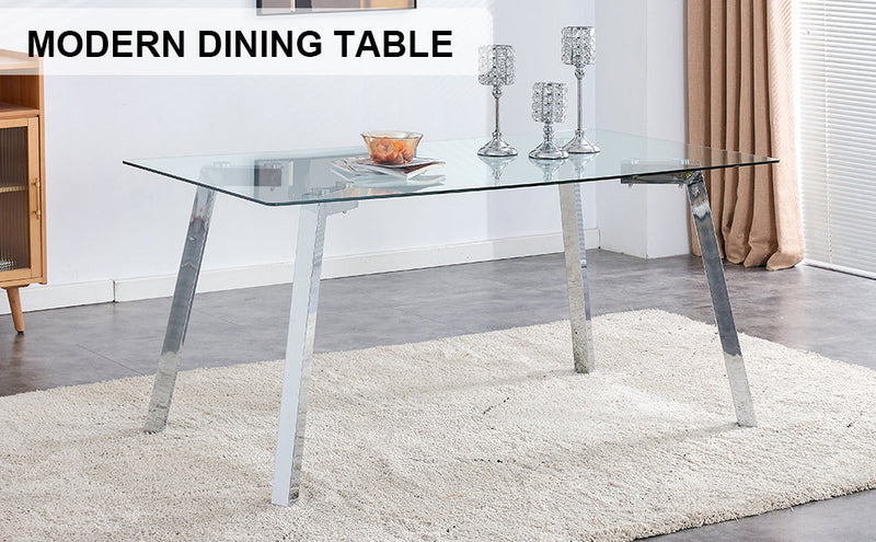 A modern minimalist rectangular glass dining table with tempered glass tabletop and silver metal legs, suitable for kitchens, restaurants, and living rooms,63"x35.4"x30"