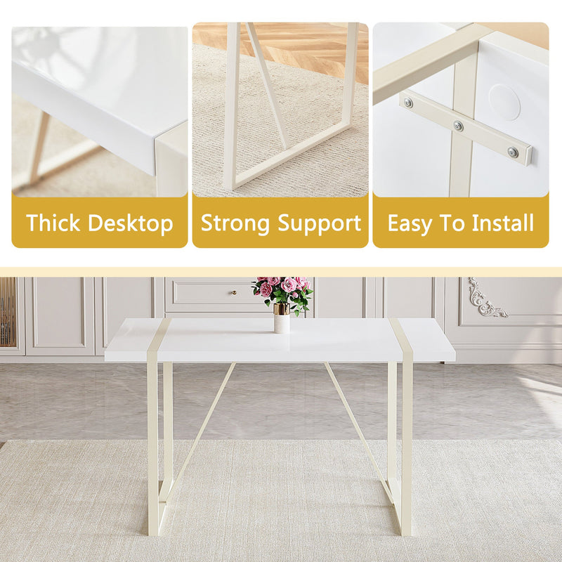 Table and chair set.55'x31.4' Cream-Style White MDF Dining Table Set with 6 Dark Gray Chairs With Silver Metal Legs.MDF Tabletop and metal frame legs.Adding a warm atmosphere to your family.