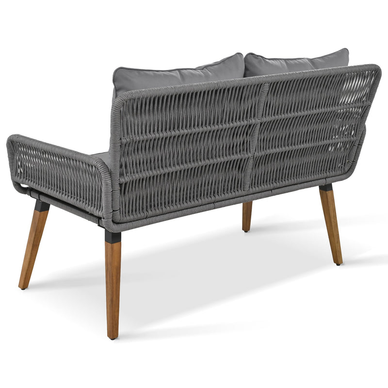 6-Piece Rope Patio Furniture Set, Outdoor Furniture with Acacia Wood Cool Bar Table with Ice Bucket, Deep Seat Patio Conversation Set with Two Stools for Backyard Porch Balcony (Grey)