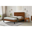Mid-Century Modern Solid Wood Bed Frame Queen Size Platform Bed with Six-Piece Headboard Design, No Box Spring Needed, Brown