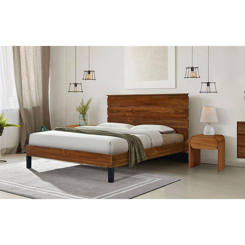 Mid-Century Modern Solid Wood Bed Frame Queen Size Platform Bed with Six-Piece Headboard Design, No Box Spring Needed, Brown