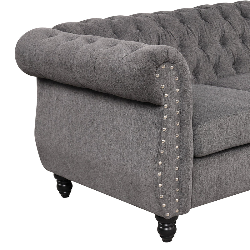 60" modern sofa Dutch plush upholstered sofa, solid wood legs, buttoned tufted backrest, gray