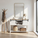 Entryway Table With Sliding Barn Door Storage - White / Oak by HouseOfZazla