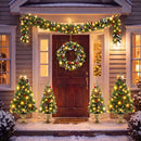 6-Piece Christmas Tree Set – 4 Trees with Sturdy Bases, 1 Pre-Lit Wreath, 1 Garland, Warm