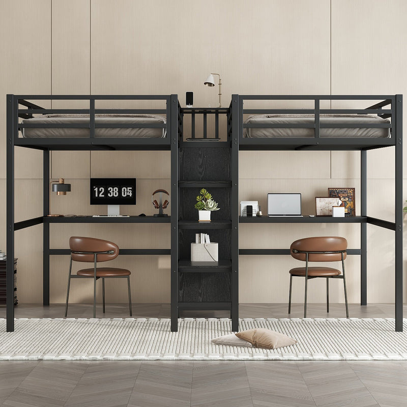 Twin Over Twin Metal Loft Bed with Double Desk and Wardrobe and Shelves with Electrical Outlet for Space Saving and Noise Reduction,Black