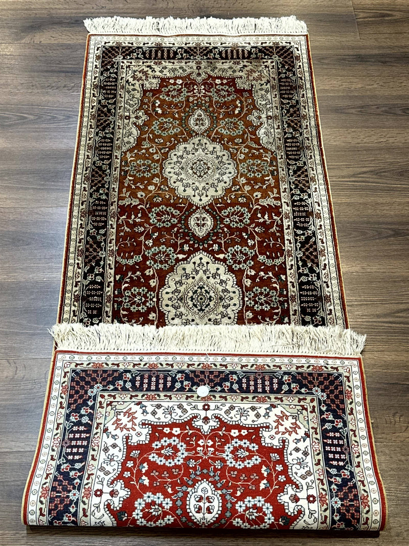 Turkish Silk Narrow Runner Rug 2 x 5.8, Very Fine 340 KPSI, Floral Medallions, Red
