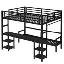 Queen Over Twin XL Metal Bunk Bed with Desk and Shelves