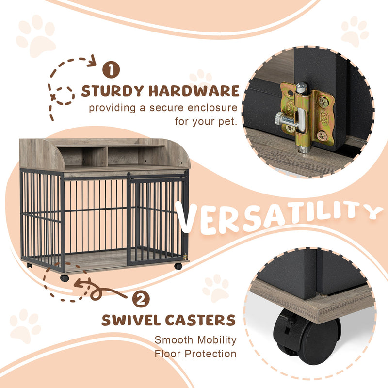 44" Heavy Duty Large Dog Crate Furniture for Large Medium Dog with Lockable Wheels, Wooden Dog Crate Dog Kennel, End Table Crate with Double layer storage, Gray