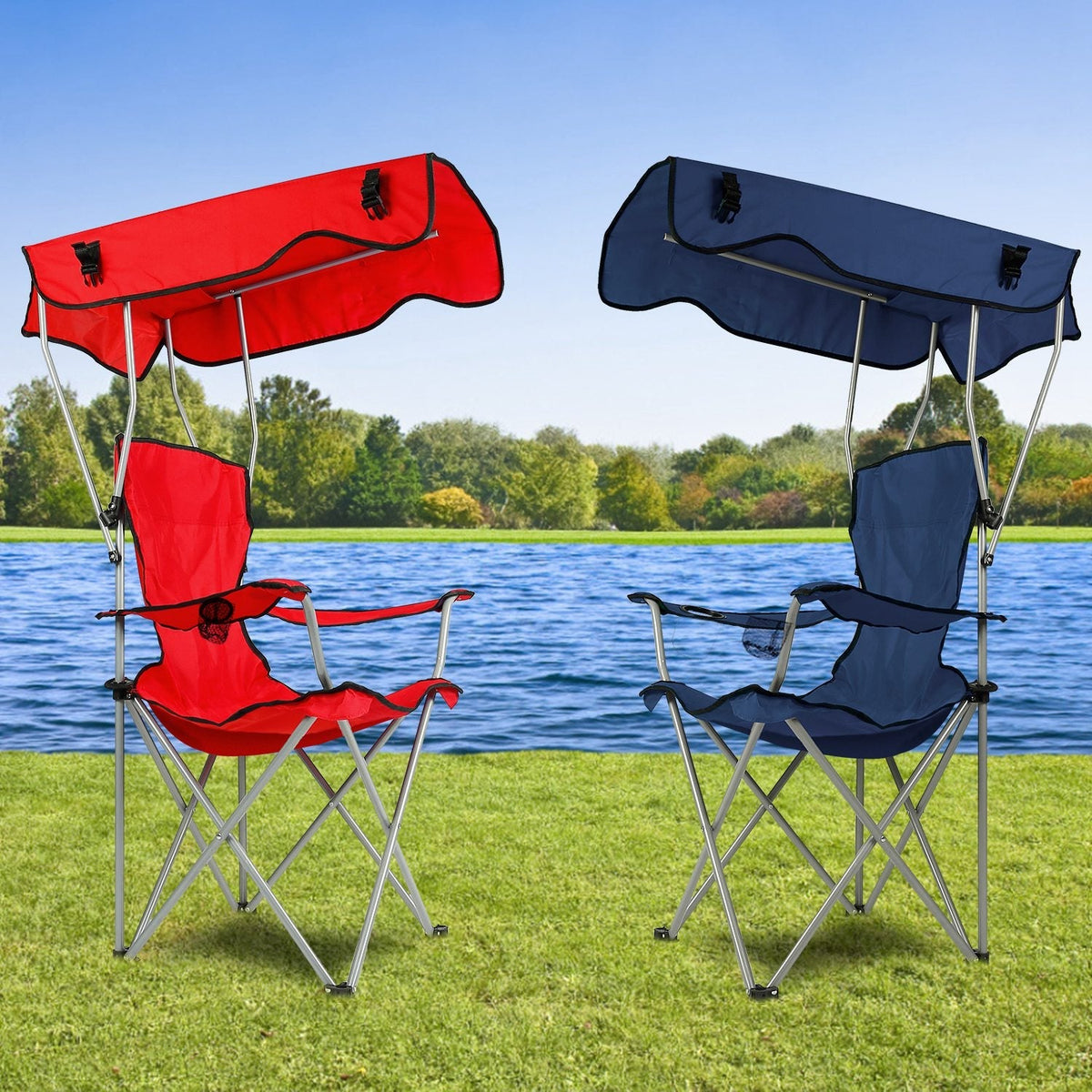 Foldable Beach Canopy Chair Sun Protection Camping Lawn Canopy Chair 330LBS Load Folding Seat w/ Cup Holder For Beach Poolside Travel Picnic, photo 10 of 14