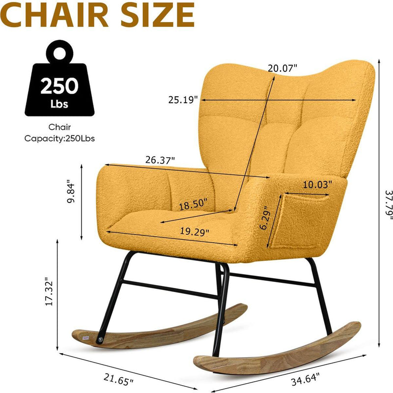 Teddy Fabric Rocking Chair, Modern Rocking Accent Chair for Nursery, Living Room, Bedroom, Yellow
