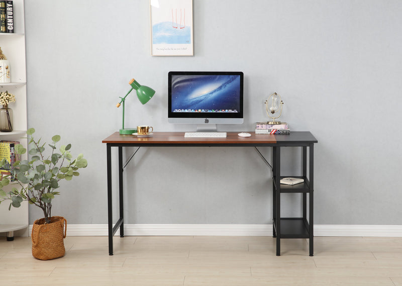 55-inch oversized computer desk, small study desk with wooden storage shelf, 2-layer industrial modern laptop desk with splicing board, (black and Rustic Brown)