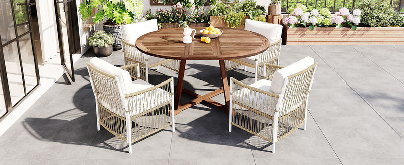 TOPMAX Modern 5-Piece Patio Extendable Wooden Dining Table Set, 12inch Butterfly Leaf Foldable Round Kitchen Table Set with 4 Rattan Arm Chairs for Backyard,Balcony, Garden, Poolside, Natural